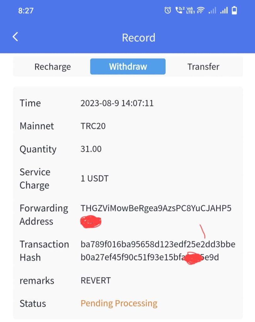 mtfe withdrawal issue