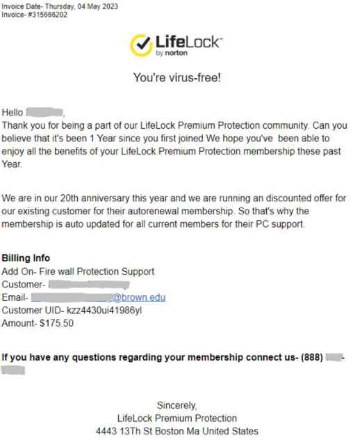 Norton scam e-mail