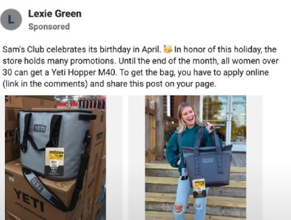 Sam's club yeti bag scam ad